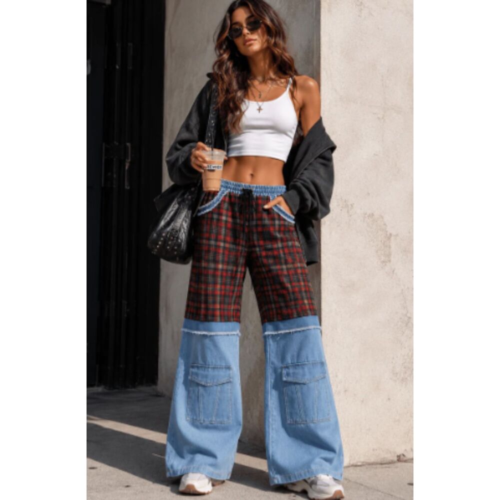 Women's Plaid Wide Leg Trousers On-trend Plaid Contrast Denim Accents Pants